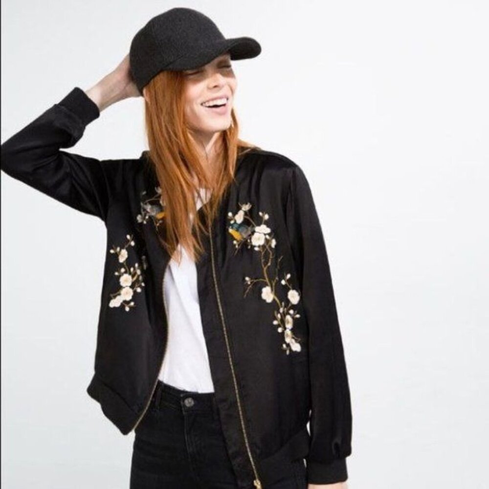Zara Embroidered Bird Cherry Blossom Satin Bomber Jacket
